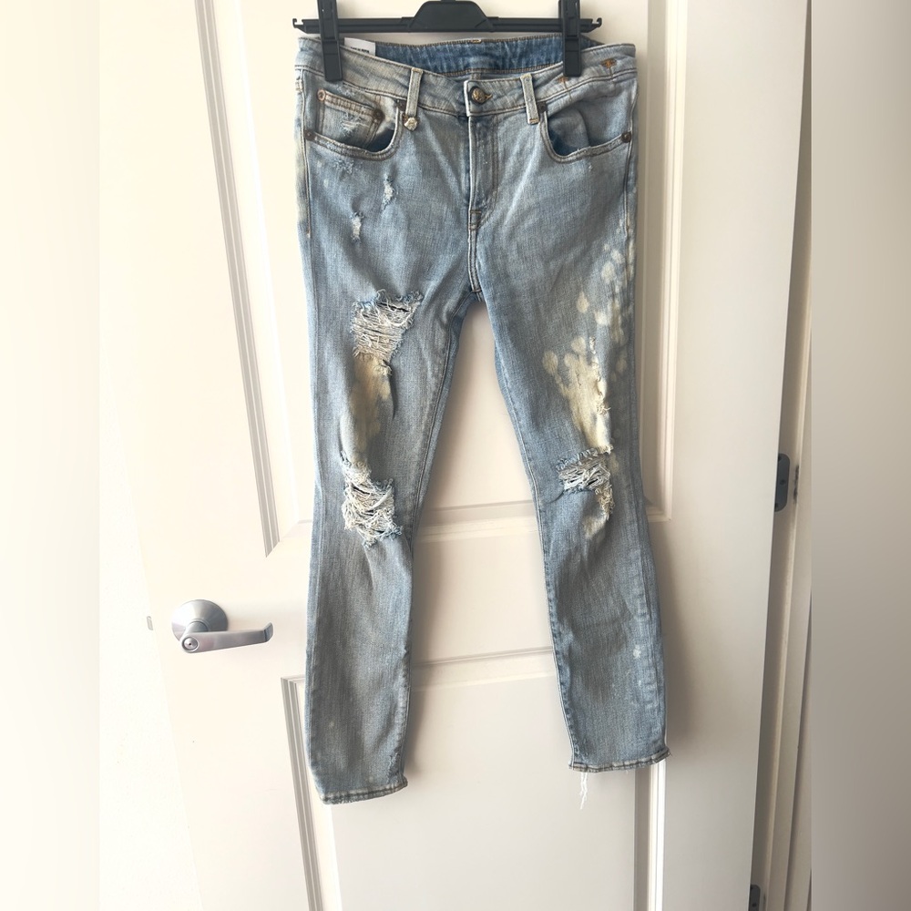 R13 Distressed Light Blue Slim Ankle Cropped Asymmetrical Ripped Jeans